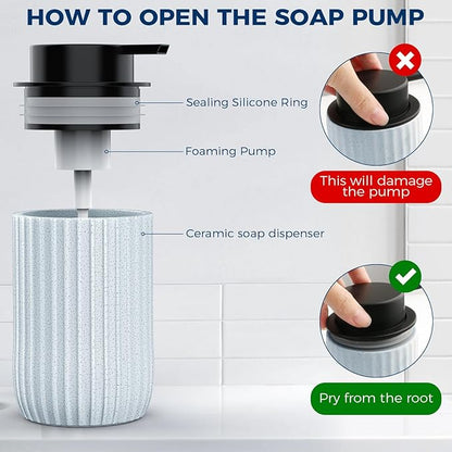 Ceramic Foaming Hand Soap Dispenser，12 oz Bathroom Soap Dispensers， Lotion Dispenser for Kitchen, Refillable Matte Streaks Soap Dispenser with Large Pump (Blue)
