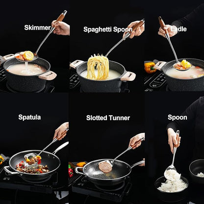 Stainless Steel Kitchen Utensils Set with Wooden Handle for Cooking 9 PCS with Solid and Slotted Spoon, Fork, Spatula, Ladle, Skimmer, Slotted Tunner, Spaghetti and Large Spoon - Image 2