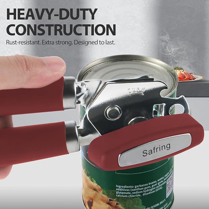 Safring Can Opener Manual, Heavy Duty Handheld Strong Can Opener with Soft Touch Handle, Sharp Blade Smooth Edge, Can Openers with Multifunctional Bottle Opener, Red - Image 6