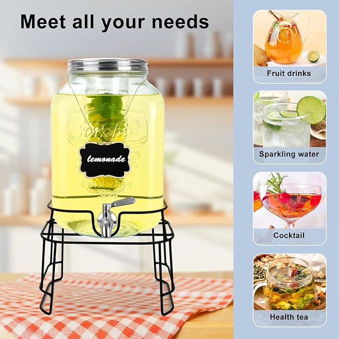 2 Gallon Glass Drink Dispensers For Parties,Beverage Dispensers With Stand And 100% Leakproof Stainless Steel Spigot.Glass Water Jug Dispenser,Lemonade Dispenser,Mason Jar. - Image 2
