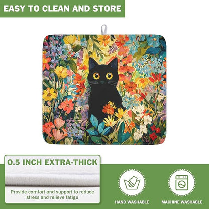 Spring Summer Floral Cat Dish Drying Mat for Kitchen Counter Abstract Oil Painting Wildflower Microfiber Dish Drainer Mat Rustic Absorbent Washable Drying Pad 16"x18"