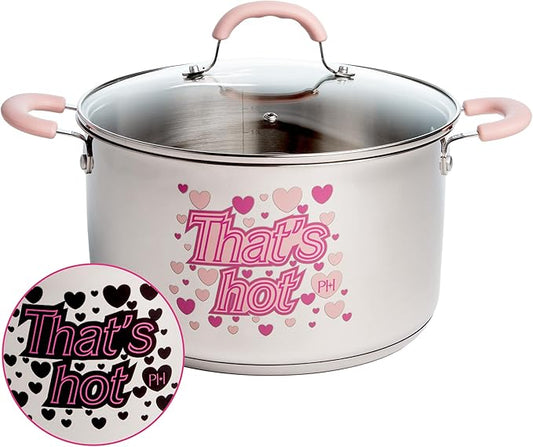 Paris Hilton Stainless Steel Stock Pot with Iconic Color Changing "That's Hot" Heat Indicator Decal, Features Soft Grip Handles and Measure Marks, 8-Quart, Pink