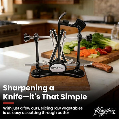 Premium Knife Sharpener with Wooden Base Ideal for Home Kitchens. V-Shape Knife Sharpener Ideal Gift for Father, Husband, Cooks & Anglers. Adjustable Angles, And a Full Metal Frame.