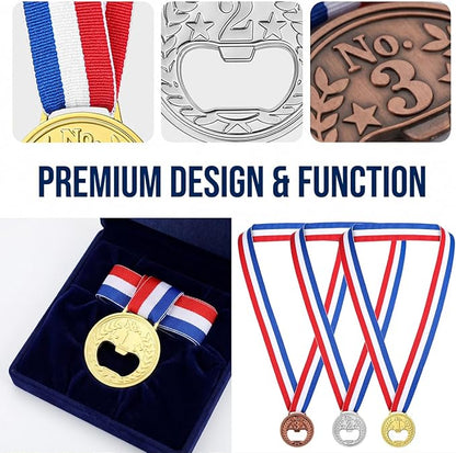Cabilock 3pcs Bottle Opener, Medal Shaped Beer Opener with Neck Ribbon, Creative Gold Medals Jar Beer Lid Remover Wine Accessories for Bar Kitchen Party Competitions