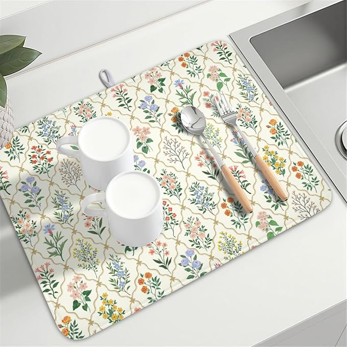 Floral Dish Drying Mat for Kitchen Counter Spring Summer Wild Flowers Diamond Pattern Microfiber Dish Drainer Mat Rustic Absorbent Washable Drying Pad Extra Large 18"x24"