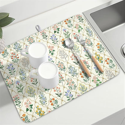 Floral Dish Drying Mat for Kitchen Counter Spring Summer Wild Flowers Diamond Pattern Microfiber Dish Drainer Mat Rustic Absorbent Washable Drying Pad Extra Large 18"x24"