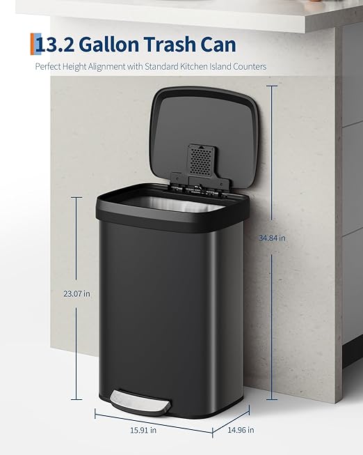 Garvee 13 gal / 50 L Metal Trash Can with Lid, Large Garbage Can for Kitchen, Rustproof Step-on Kitchen Metal Trash Bin with Liner Rim, Rear Handle, Soft Close Plastic Lid, Black - Image 6