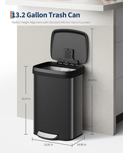 Garvee 13 gal / 50 L Metal Trash Can with Lid, Large Garbage Can for Kitchen, Rustproof Step-on Kitchen Metal Trash Bin with Liner Rim, Rear Handle, Soft Close Plastic Lid, Black - Image 6