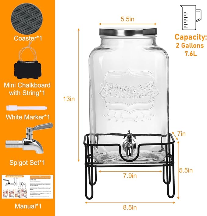 Bululuo Glass Drinks Dispenser for Parties, 2 Gallon Beverage Dispenser with Stand for Juice and Iced Tea, Water Jug Dispenser for Lemonade, Party Essential Beverage Pitcher with Spout - Image 2