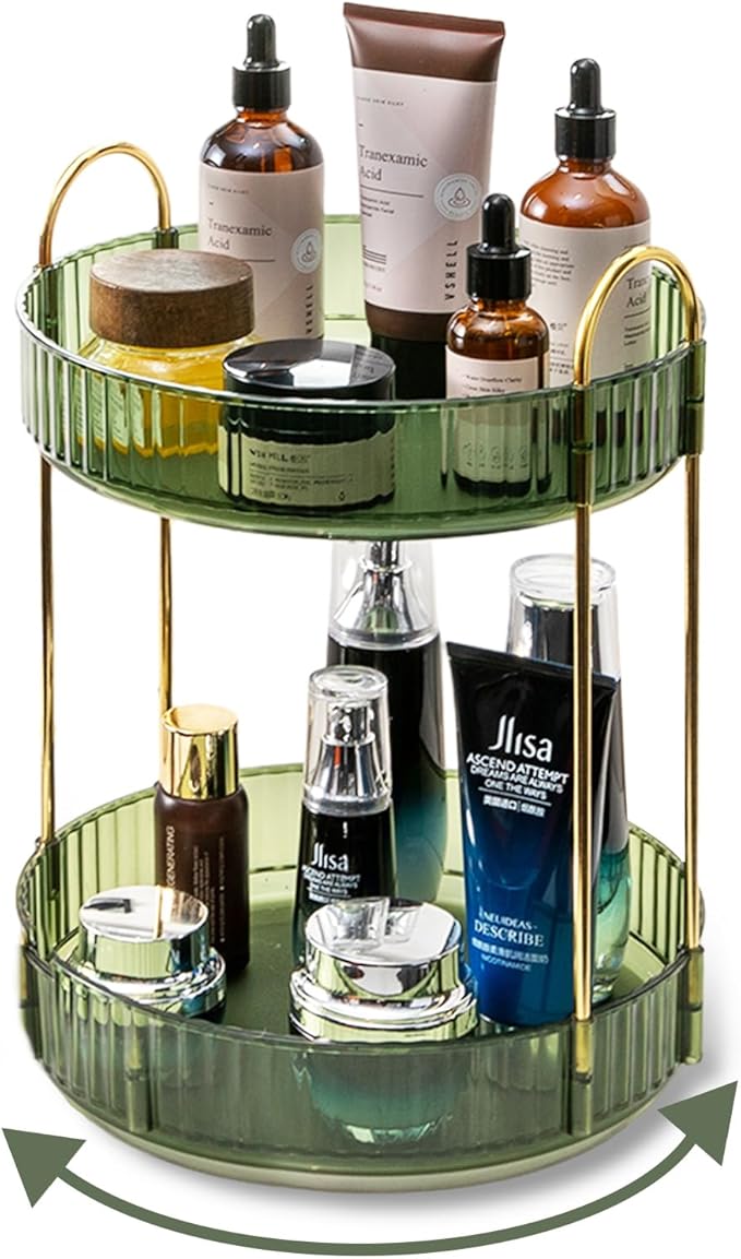 Asayuee 360 Rotating Makeup Organizer for Vanity,2 Tier Large Capacity Skincare Organizers,Bathroom Counter Organizer, Spinning Perfume Organizer & Vanity Organizer (Green-2 Tier) by Asayuee