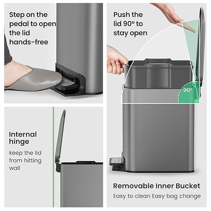 Cesun Small Bathroom Trash Can with Lid Soft Close, Step Pedal, 6 Liter / 1.6 Gallon Stainless Steel Garbage Can with Removable Inner Bucket, Anti-Fingerprint Finish (Gray) - Image 5