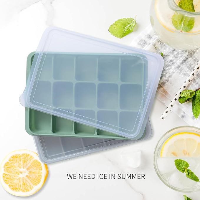 Ice Cube Trays Set of 2, Easy Release 15 Flexible Silicone Ice Cube Molds with Removable Lid Reusable Freezer Ice Trays Stackable for Whiskey, Baby Food, BPA Free (GREEN+GRAY) - Image 2