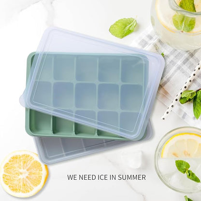 Ice Cube Trays Set of 2, Easy Release 15 Flexible Silicone Ice Cube Molds with Removable Lid Reusable Freezer Ice Trays Stackable for Whiskey, Baby Food, BPA Free (GREEN+GRAY) - Image 2