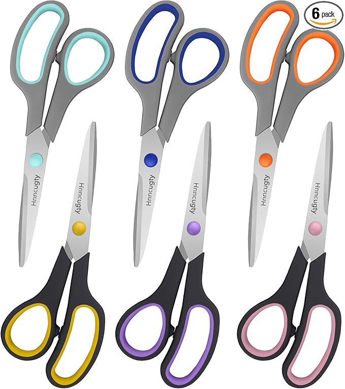 Scissors for Office School Supplies, Hnncugty 8" Scissors All Purpose Bulk Set of 6-Pack, Sharp Shears for Home Craft Sewing Fabric Middle School Student Teacher Supplies, Comfort Right/Left Handed by Hnncugty