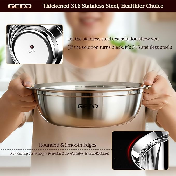 GEDO Stainless Steel 3pcs, 4pcs Mixing Bowls Set, 316L,Grade, Silver, Nesting Design, Professional Kitchen Bowls (7.86/9.43/11 in)