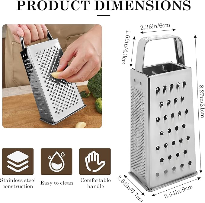Stainless Steel Vegetable Grater, 4-Sided Portable Metal Grater, Cheese Grater with Handle for Kitchen (8inch) - Image 2