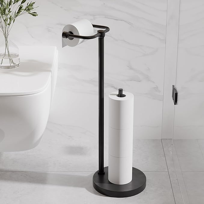 RARXTR Toilet Paper Holder Stand, Post Pivoting Design Free Standing Toilet Paper Holder with Storage for 4 Rolls, SUS304 Stainless Steel Tissue Holder with Reserve, Heavy-Duty Base (Matte Black)