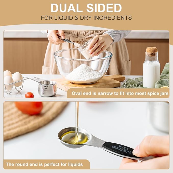 Stainless Steel Measuring Cups & Spoons Set, EWFEN Kitchen Tools Nesting Measuring Cups and Spoons, Fits in Spice Jars for Baking & Cooking, BPA Free, Set of 15 with Leveler, Black - Image 7