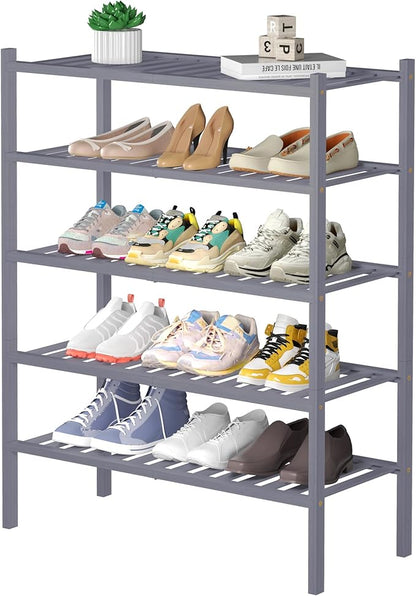 ROMGUAR CRAFT 5 Tier Bamboo Shoe Rack for Closet Free Standing Wood Shoe Shelf for Entryway Small Space Stackable 27"x11"x33" (Grey) by ROMGUAR+CRAFT