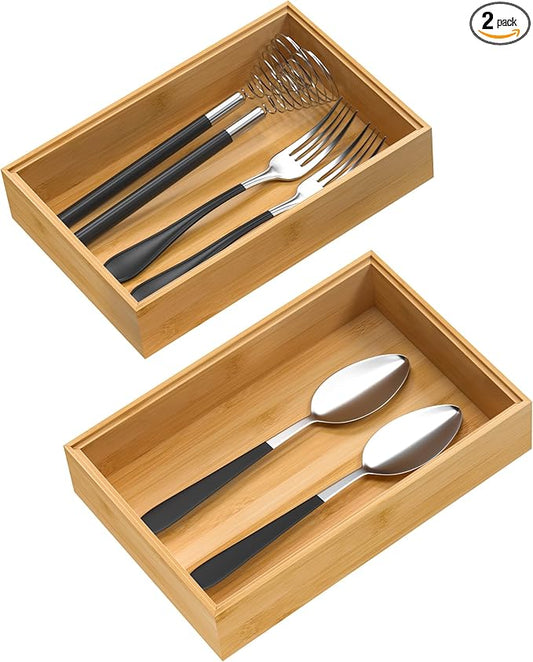 VeyFey Silverware Tray for Drawer, Stackable Kitchen Bamboo Drawer Organizer 9" x 6" x 2" Set of 2 by VeyFey