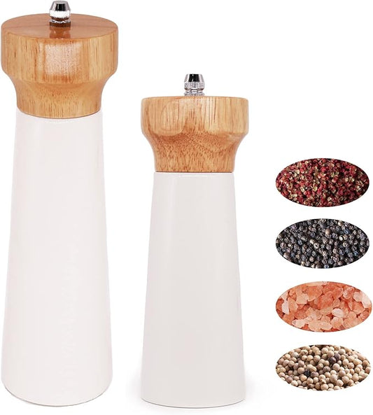 White Salt Grinder Wooden Pepper 8"+6" Salt Grinder Set Pepper Mill Salt & Pepper Shakers - Stainless Ceramic Refillable Stylish for Sea Salt Black Pepper -By Tessïe & Jessïe Lighthouse