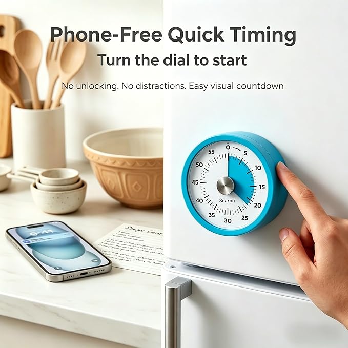 Searon Magnetic Visual Kitchen Timer, 60 Minute Countdown Timer with LED Alert, Turn the Dial to Start, No Winding Needed for Cooking, Baking, Meal Prep & Daily Kitchen Tasks (Blue)