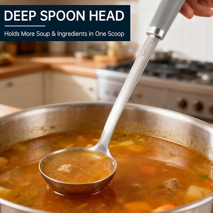 Safring Stainless Steel Soup Ladle and Spaghetti Spoon Set, Heat Resistant Rubber Handle, Dishwasher Safe, Kitchen Utensils for Cooking, Stirring, Serving Pasta, Soup & Sauce (Gray) - Image 5