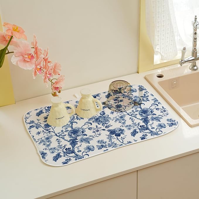 Blue Floral Dish Drying Mat 18 x 24 Inch Vintage Navy Blue Floral Drying Mat for Kitchen Counter Absorbent Spring Summer Flower Dishes Dry Pad for Drainer Rack Kitchen Fast Dry