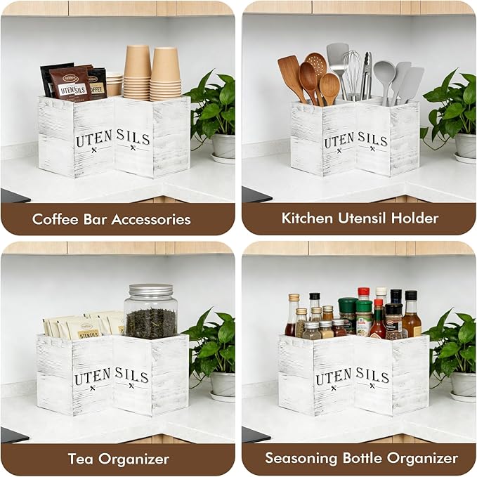 Extra Large Utensil Holder with 3 Compartments, Durable Wooden Utensil Organizer for Kitchen Countertop, Spatula and Spoon Holder Farmhouse Decor (White Grain) - Image 5