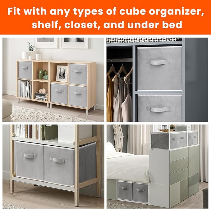 Criusia Storage Cubes - 11 Inch Heavy Duty Fabric Closet Bins for Shelves, Cube Organizer - 8 Pack Collapsible Decorative Storage Bins Baskets for Organizing Clothes Blankets Toys (Grey) - Image 6