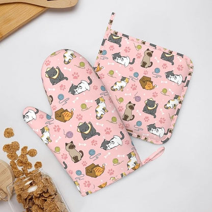 Cute Cats Oven Mitts and Pot Holders Sets Heat Resistant Non-Slip Silicone Oven Gloves Kitchen Accessories for Cooking Baking Grilling BBQ