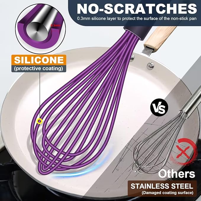 Silicone Whisk, Eddeas Whisk Non-Scratch Coated Whisks set of 3-Heat Resistant(450°F) Kitchen Wisk, Balloon Egg whisk Perfect for Blending, Whisking, Beating & Stirring, Purple - Image 2
