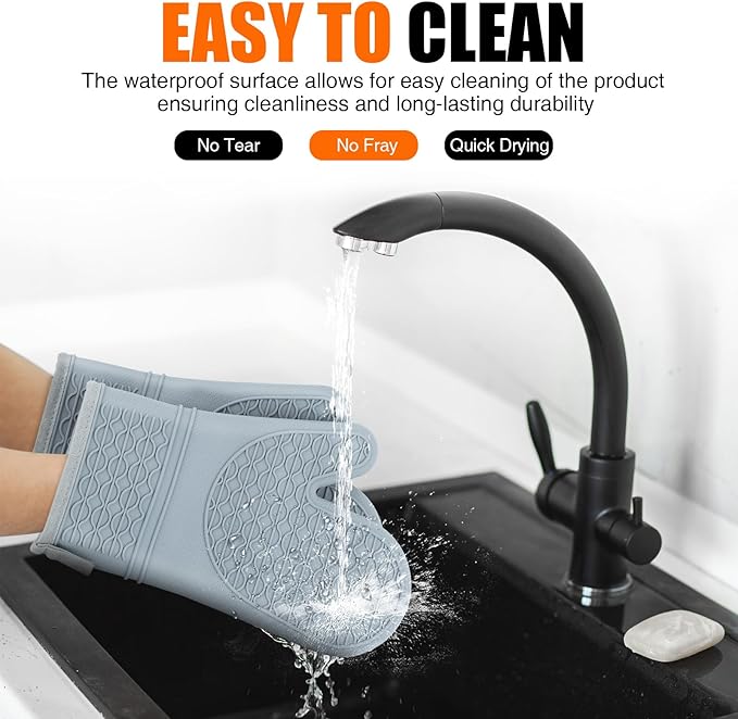 Silicone Oven Mitts, Heat Resistant 2PCS Oven Mitts with Soft Cotton Lining, Waterproof Non-Slip Grip Oven Glove, Kitchen Potholder Mits for BBQ, Baking, Cooking, 12.5 Inch - Grey - Image 5