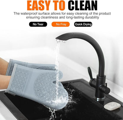 Silicone Oven Mitts, Heat Resistant 2PCS Oven Mitts with Soft Cotton Lining, Waterproof Non-Slip Grip Oven Glove, Kitchen Potholder Mits for BBQ, Baking, Cooking, 12.5 Inch - Grey - Image 5