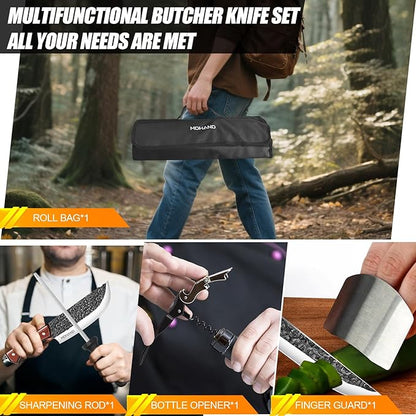 MDHAND Butcher Knife Set, 14PCS Hand Forged Professional Chef Knife Set with Roll Bag, Sharp Meat Cleaver Knife & Bone Chopper Knives & Fillet Knife for Home Kitchen & Camping BBQ, Gifts for Men Women