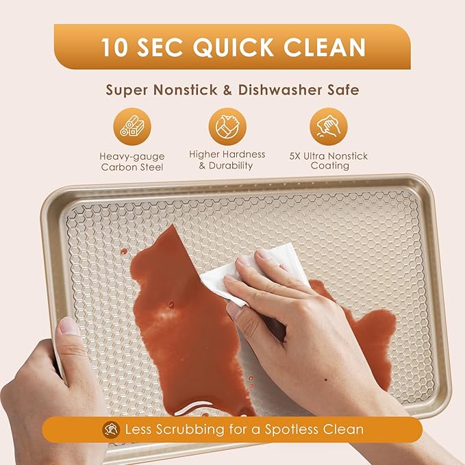 Baking Sheet Pan Set of 3, Nonstick Carbon Steel Cookie Sheets with Texture, Commercial Half/Quarter/Jelly Roll Pans Replacement Toaster Oven Tray, Heavy Duty & Easy Clean, Champagne Gold - Image 8