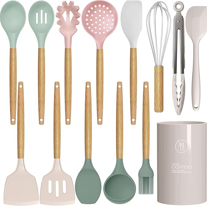 Silicone Cooking Utensils Set - 446°F Heat Resistant Silicone Kitchen Utensils for Cooking,Kitchen Utensil Spatula Set w Wooden Handles and Holder, BPA FREE Gadgets for Non-Stick Cookware (Colorful) by oannao