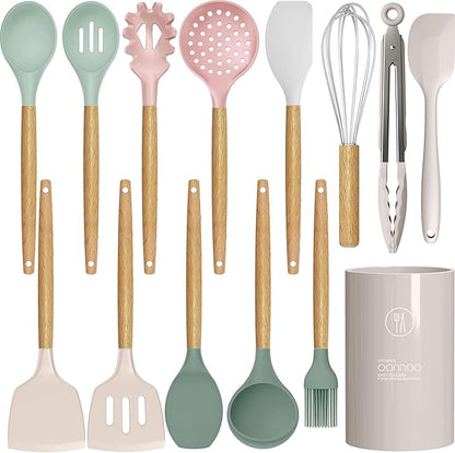 Silicone Cooking Utensils Set - 446°F Heat Resistant Silicone Kitchen Utensils for Cooking,Kitchen Utensil Spatula Set w Wooden Handles and Holder, BPA FREE Gadgets for Non-Stick Cookware (Colorful) by oannao