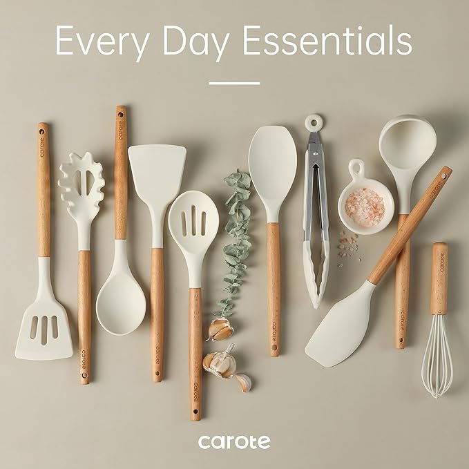 CAROTE Silicone Cooking Utensils Set, Kitchen Utensils Set 10 Pcs for cooking, BPA Free Spatula Set with Heat Resistant Wood Handles for Nonstick Cookware (Cream White) - Image 7