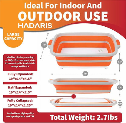 All-in-One Collapsible BBQ Prep Tub - Marinating Station & Food Storage with Built-in Cutting Board & Airtight Lid - Perfect for Grilling, Camping & Kitchen Organization (Orange)