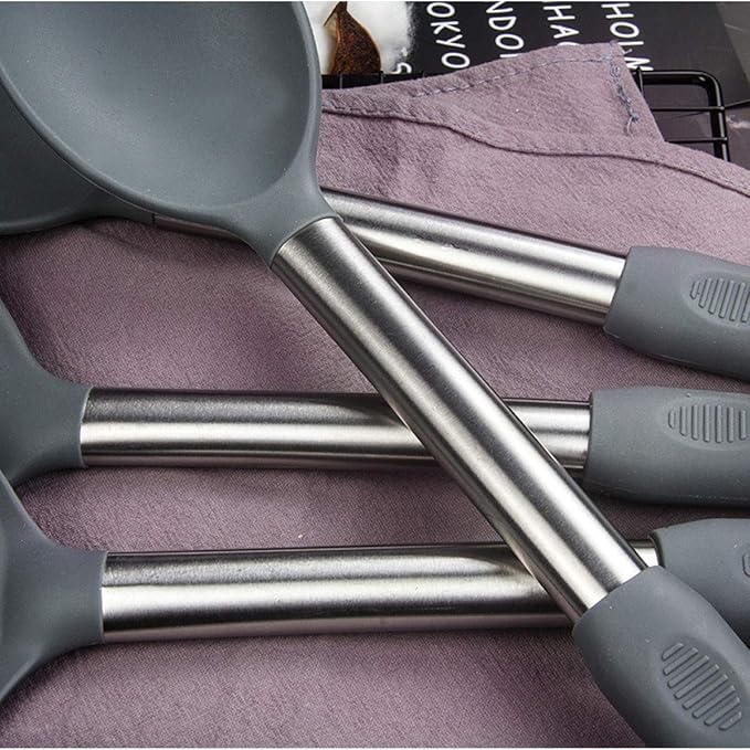 Silicone Kitchen Cooking Utensils Set with Stainless Steel Handle, Spatula Set Utensil Set, Cooking Utensil Set,Kitchen Tools Gadgets for Nonstick Cookware (11, Gray) - Image 6