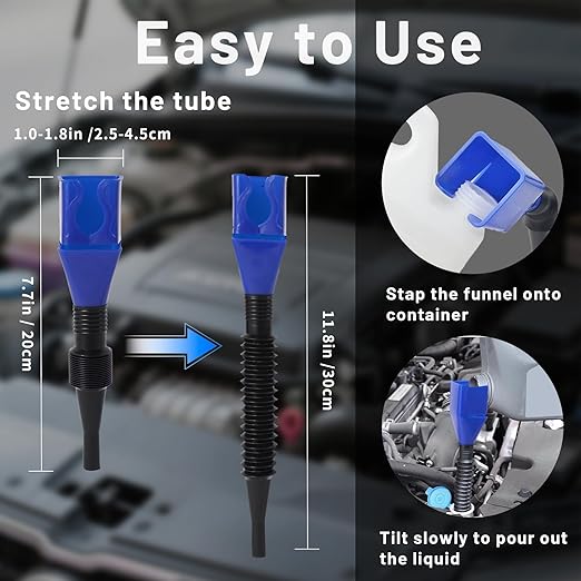 3-Pack Flexible Car Funnel for Oil Change, Retractable Snap-On Automotive Funnel with Adjustable Hose, Leak-Proof Spill-Free Design for Motorcycle, Cars, Repair Shop ﻿