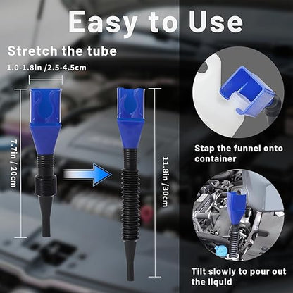 3-Pack Flexible Car Funnel for Oil Change, Retractable Snap-On Automotive Funnel with Adjustable Hose, Leak-Proof Spill-Free Design for Motorcycle, Cars, Repair Shop ﻿