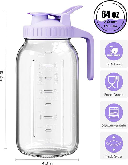 64oz Glass Mason Jar Pitcher with Lid Wide Mouth, 2 Quart Leakproof Glass Water Jug for Juice, Sun Iced Tea, Cold Brew Coffee, Milk Storage, Purple - Image 2