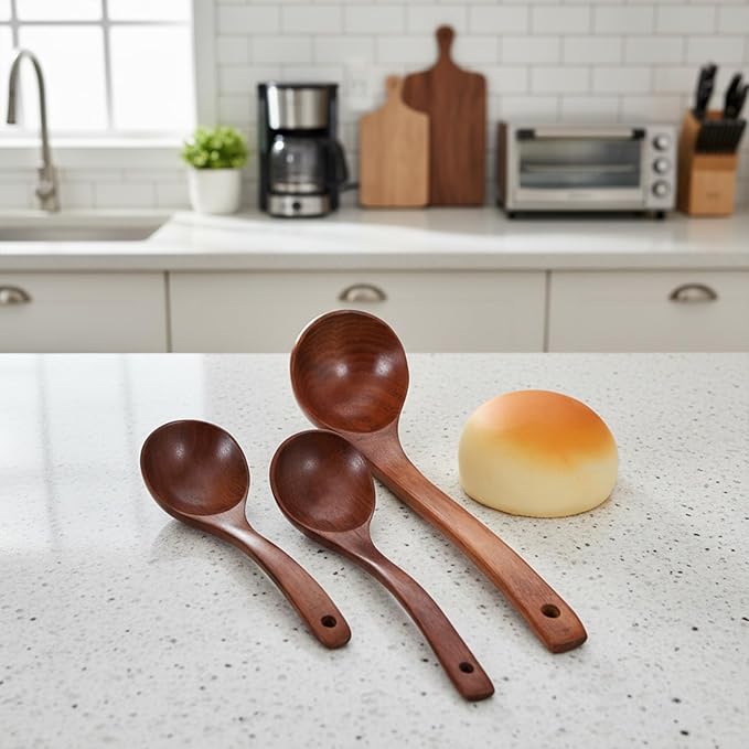 Wooden Ladle for Soup, Non-Stick Wooden Spoon Set, 3 Size Wood Ladle Spoon with Back Hooks for Deep Pot, Natural Wood Kitchen Utensils Set for Serving, Stirring