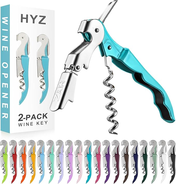 HYZ 2-Pack Wine Opener Waiter Corkscrew, Professional Wine Key for Servers, Bartender with Foil Cutter, Manual Wine Bottle Opener Double Hinged (Blue) by HYZ