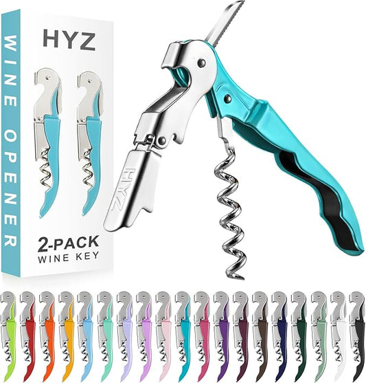 HYZ 2-Pack Wine Opener Waiter Corkscrew, Professional Wine Key for Servers, Bartender with Foil Cutter, Manual Wine Bottle Opener Double Hinged (Blue) by HYZ