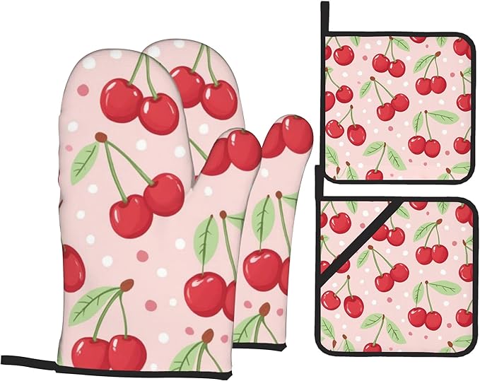 Oven Mitts and Hot Pads Set - Pink Cherry Design, Heat Resistant Cute Pot Holders for Kitchen, Baking Gifts for Women