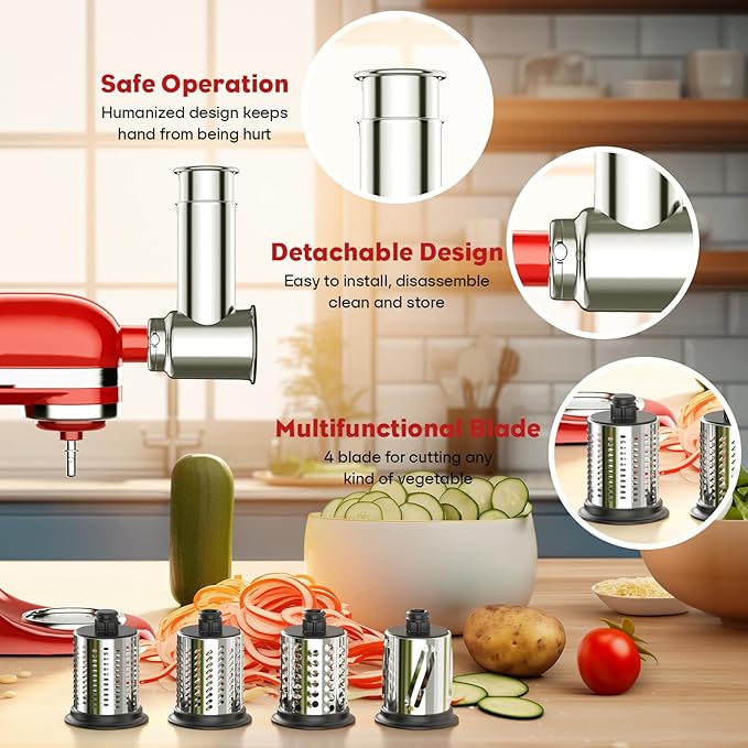 Stainless Steel Slicer Shredder Attachment for Kitchenaid Stand Mixer, Cheese Grater, Salad Maker Accessories for Kitchenaid Mixer, Grinding Powder with 4 Blades by FOCOLLK