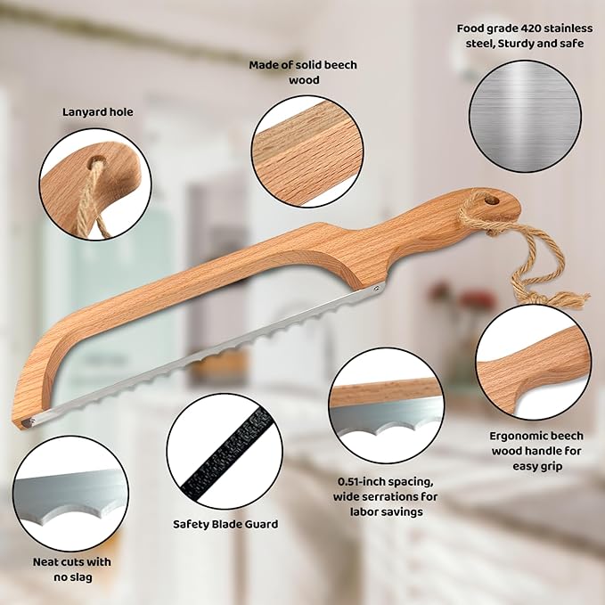 ROYOROYI Bread Slicer for Homemade Bread,16" Wooden Sourdough Bread knife with Bow Design,Premium Stainless Steel Serrated Saw Bread cutter for Bagels, Baguettes and More - Image 3